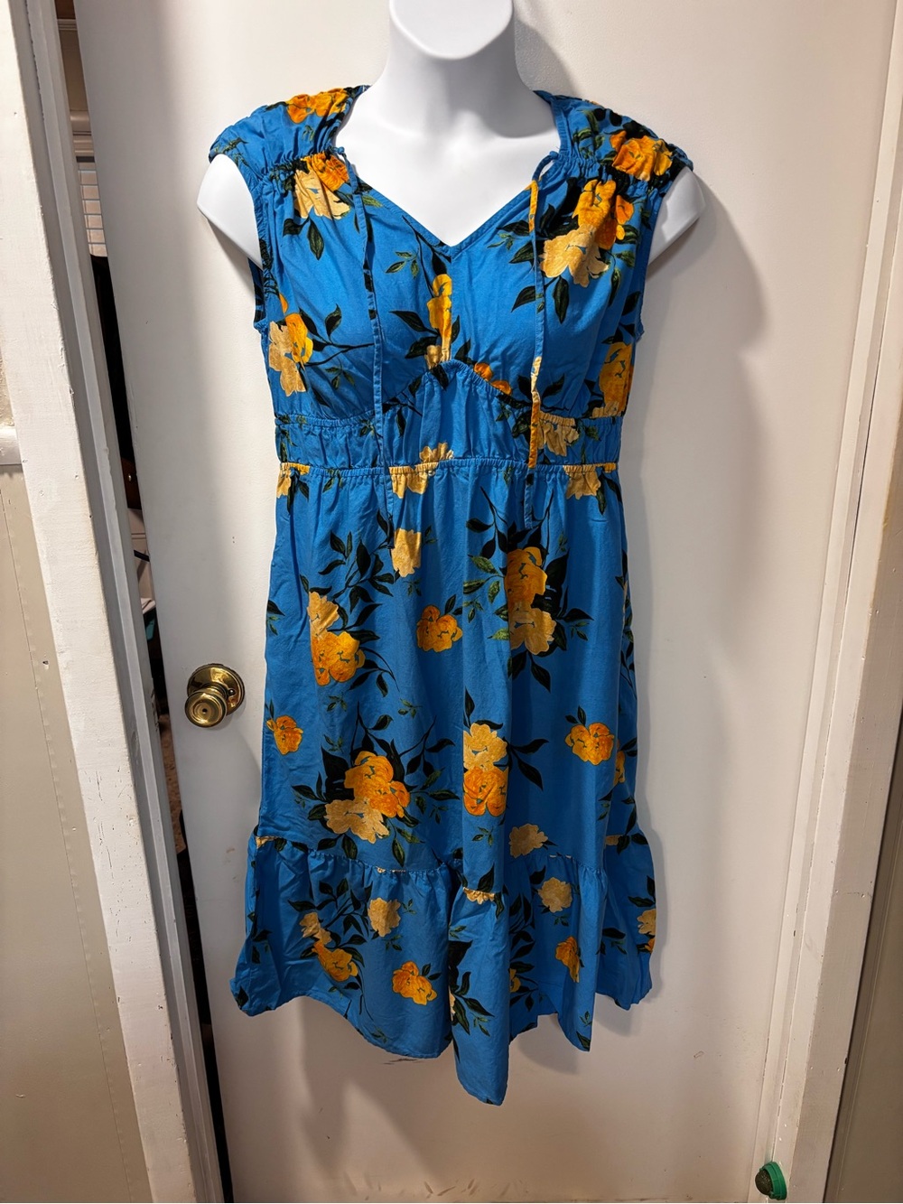 Time and Tru Bright Blue Floral Dress with Yellow Accents